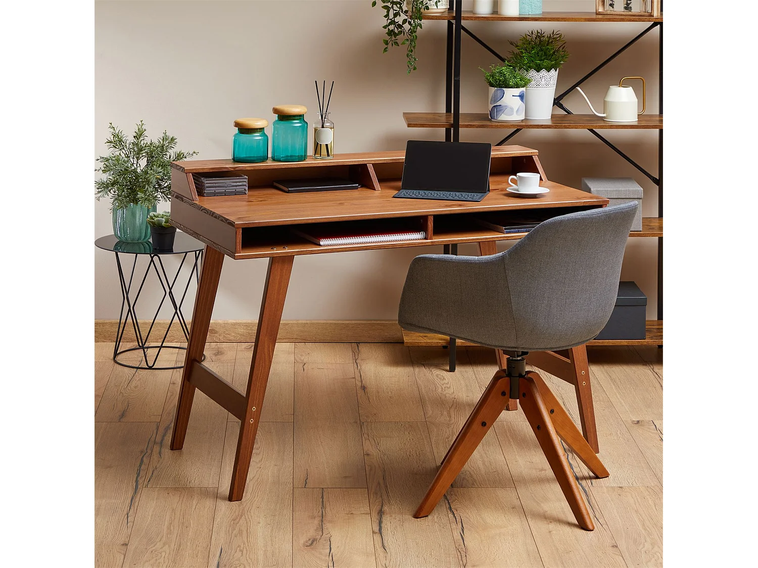 Bureau secrétaire LUNA avec niches 110 x 84 x 54 cm, En bois de pin massif, Rangement élégant et compact, Petit bureau, Brun foncé