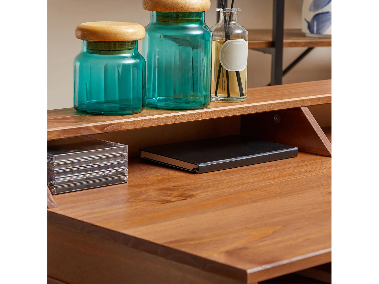 Bureau secrétaire LUNA avec niches 110 x 84 x 54 cm, En bois de pin massif, Rangement élégant et compact, Petit bureau, Brun foncé