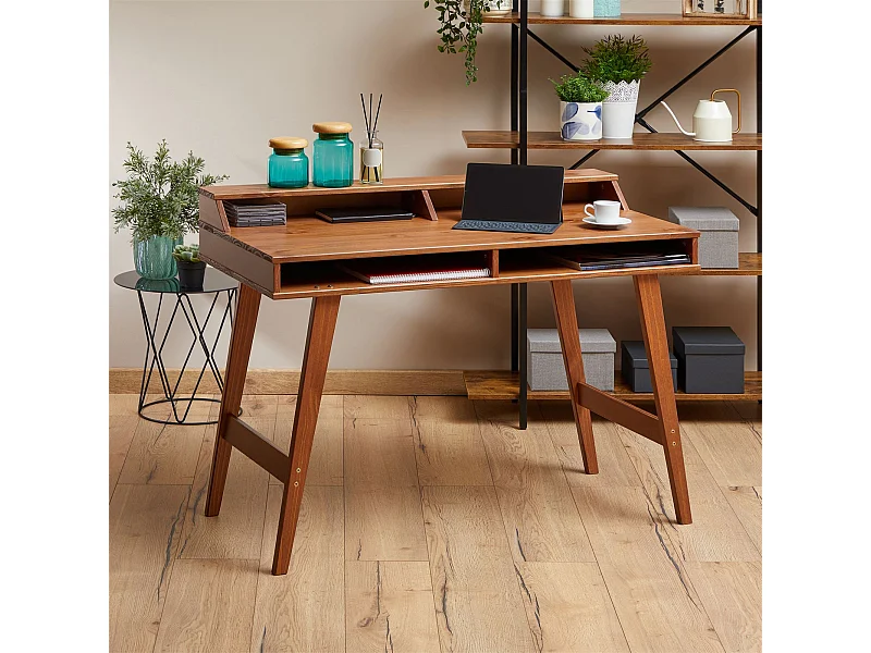 Bureau secrétaire LUNA avec niches 110 x 84 x 54 cm, En bois de pin massif, Rangement élégant et compact, Petit bureau, Brun foncé