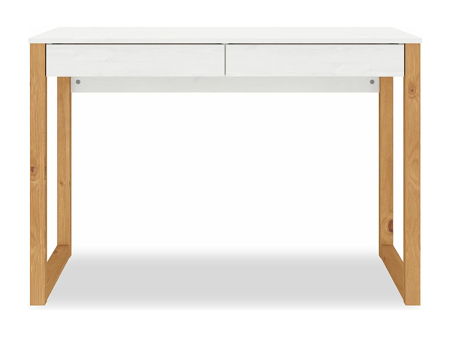Bureau en bois avec 2 tiroirs NOAH, design scandinave, en pin massif coloris blanc et chêne