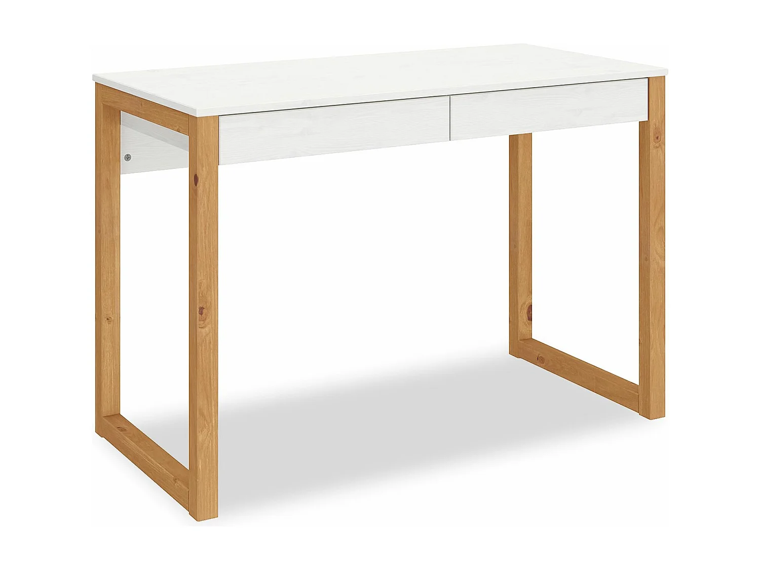 Bureau en bois avec 2 tiroirs NOAH, design scandinave, en pin massif coloris blanc et chêne