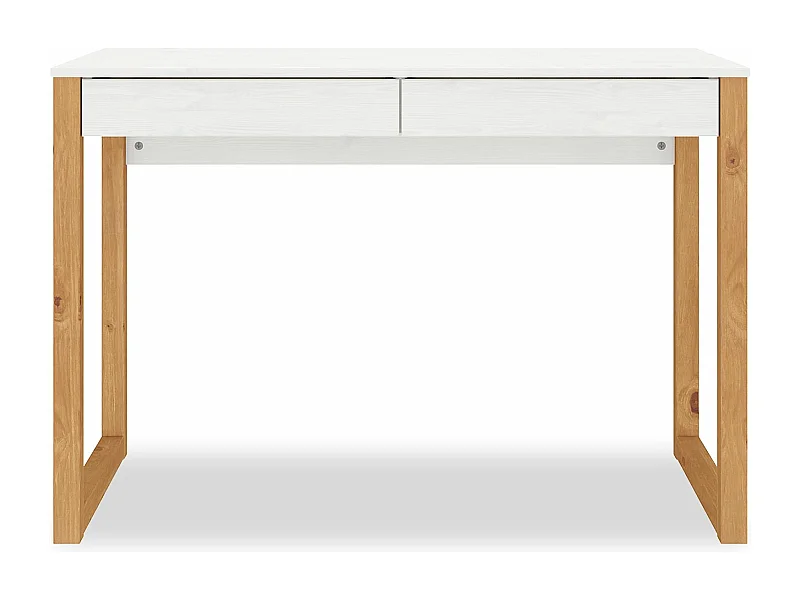 Bureau en bois avec 2 tiroirs NOAH, design scandinave, en pin massif coloris blanc et chêne