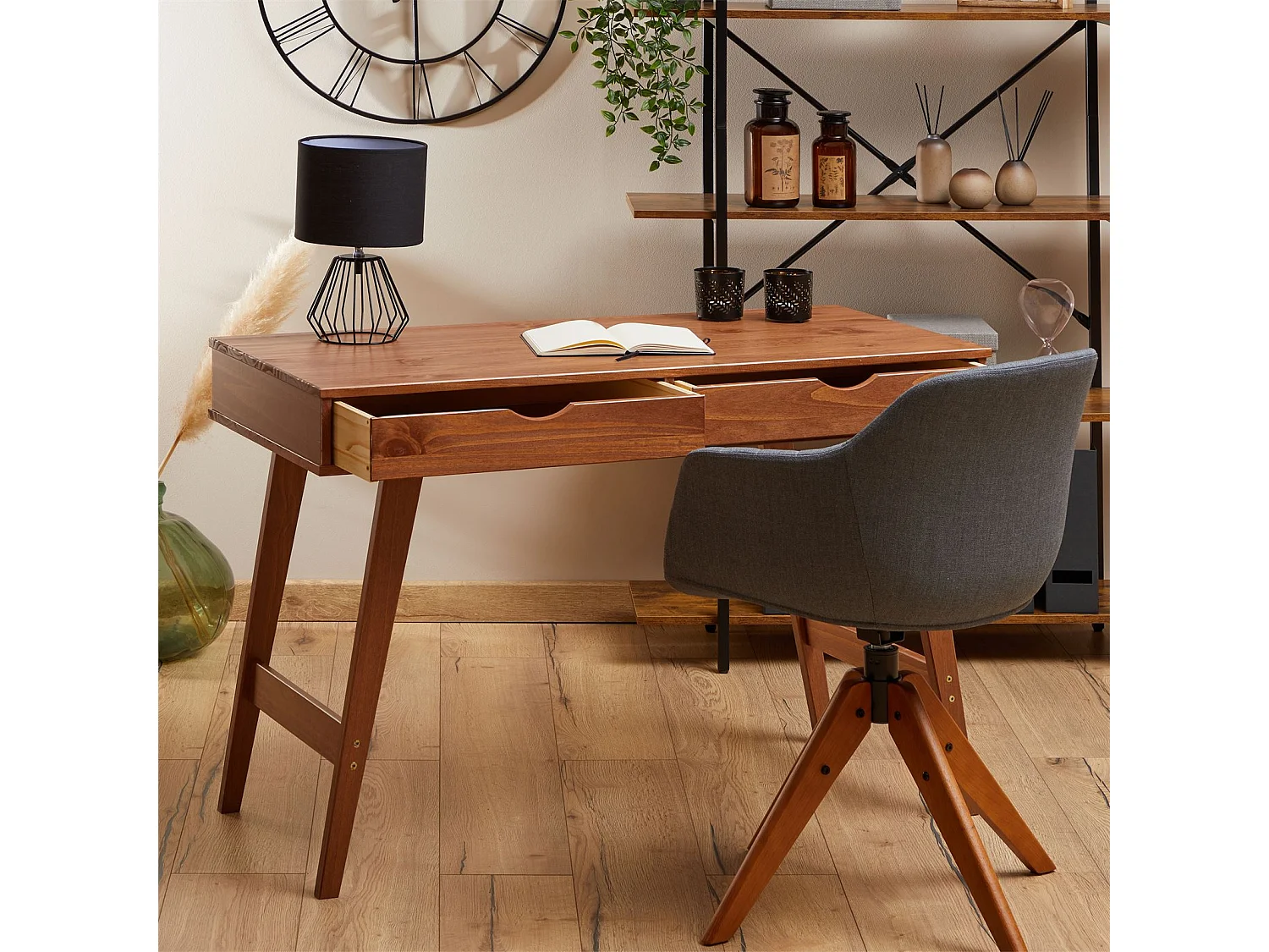 Bureau MILO en pin massif lasuré brun foncé avec 2 tiroirs de rangement