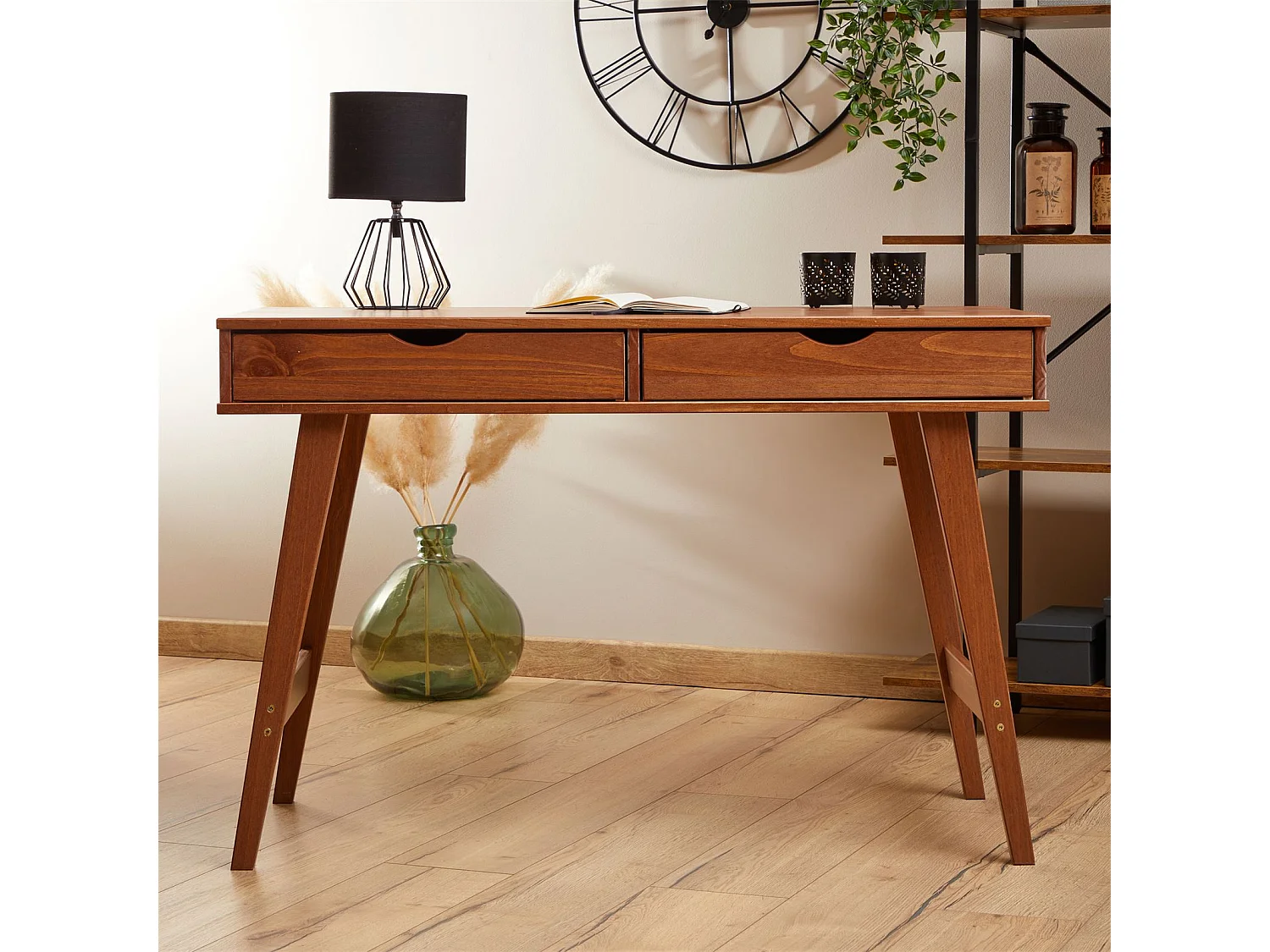 Bureau MILO en pin massif lasuré brun foncé avec 2 tiroirs de rangement