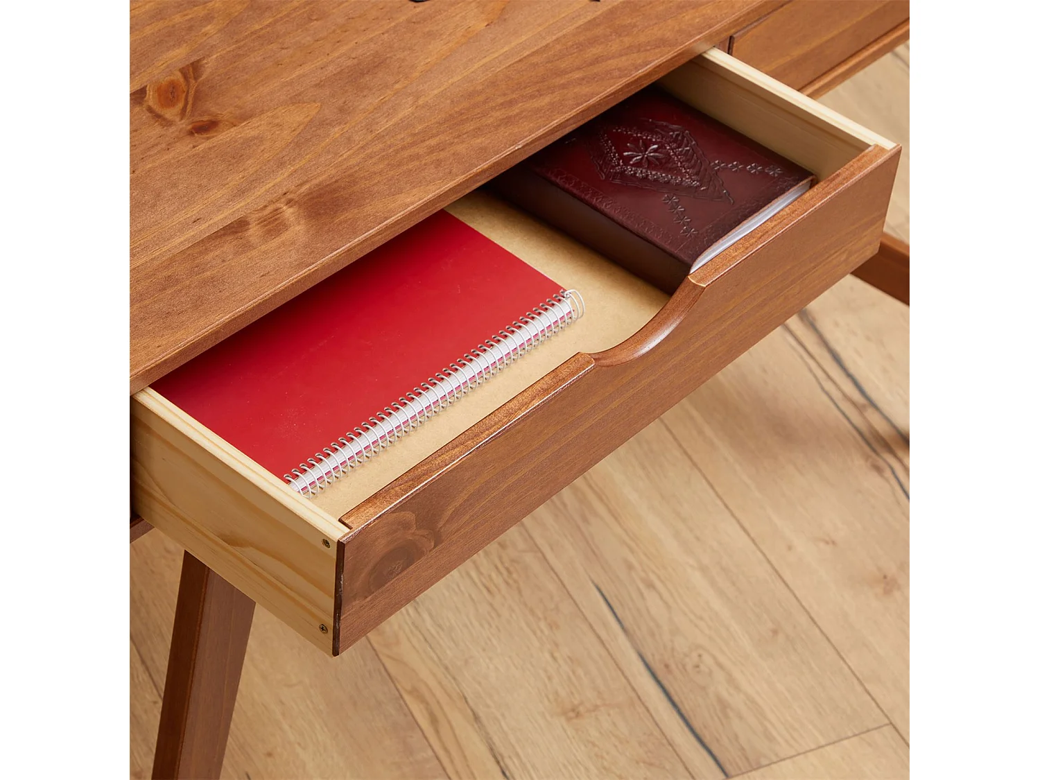 Bureau MILO en pin massif lasuré brun foncé avec 2 tiroirs de rangement