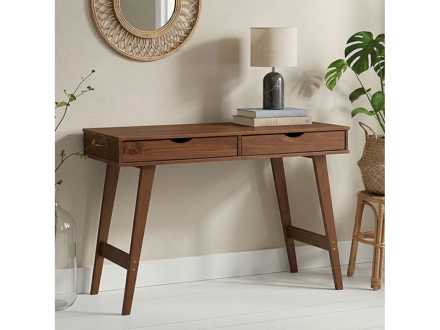 Bureau MILO en pin massif lasuré brun foncé avec 2 tiroirs de rangement