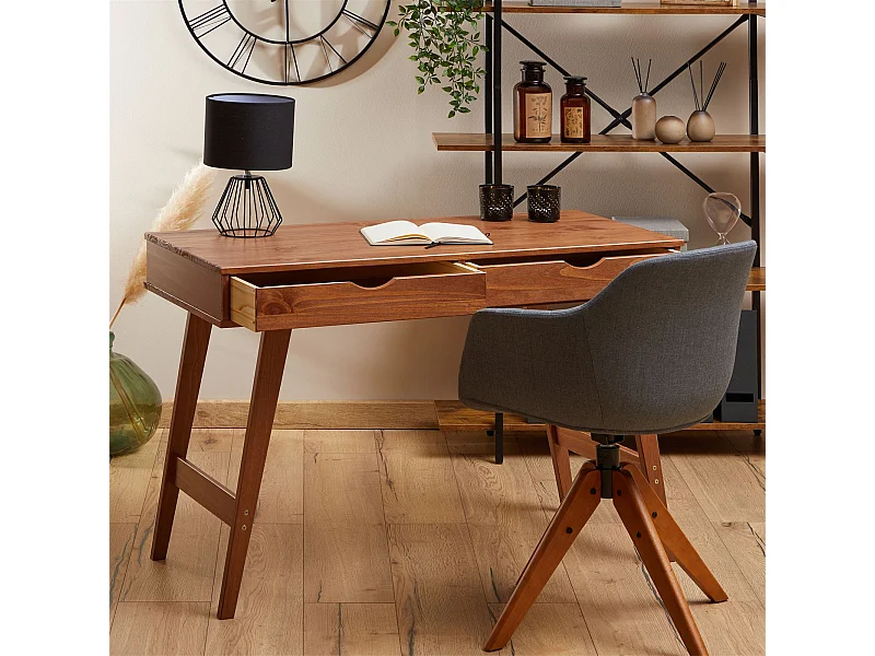 Bureau MILO en pin massif lasuré brun foncé avec 2 tiroirs de rangement