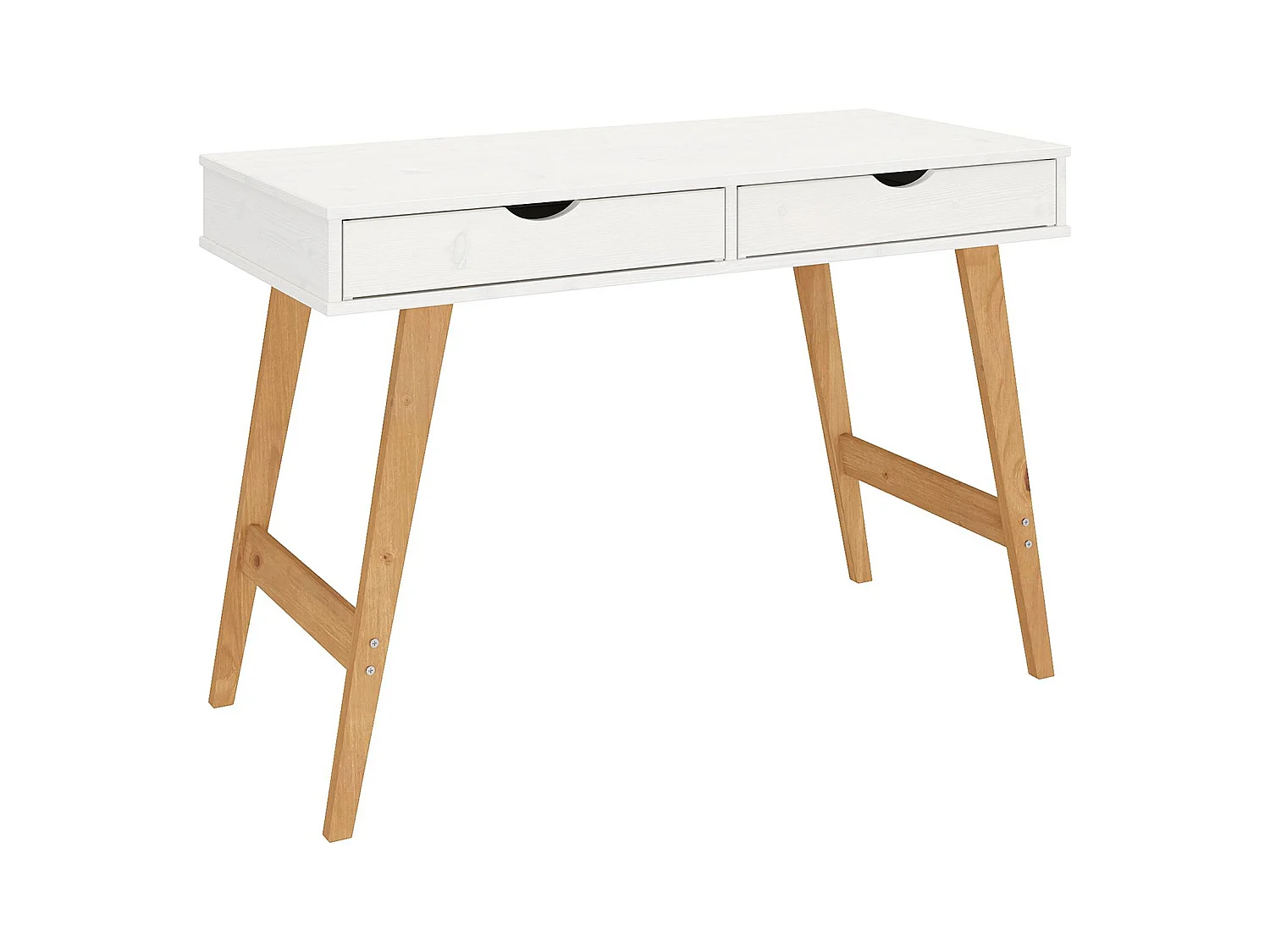 Bureau MILO en pin massif lasuré blanc avec 2 tiroirs de rangement