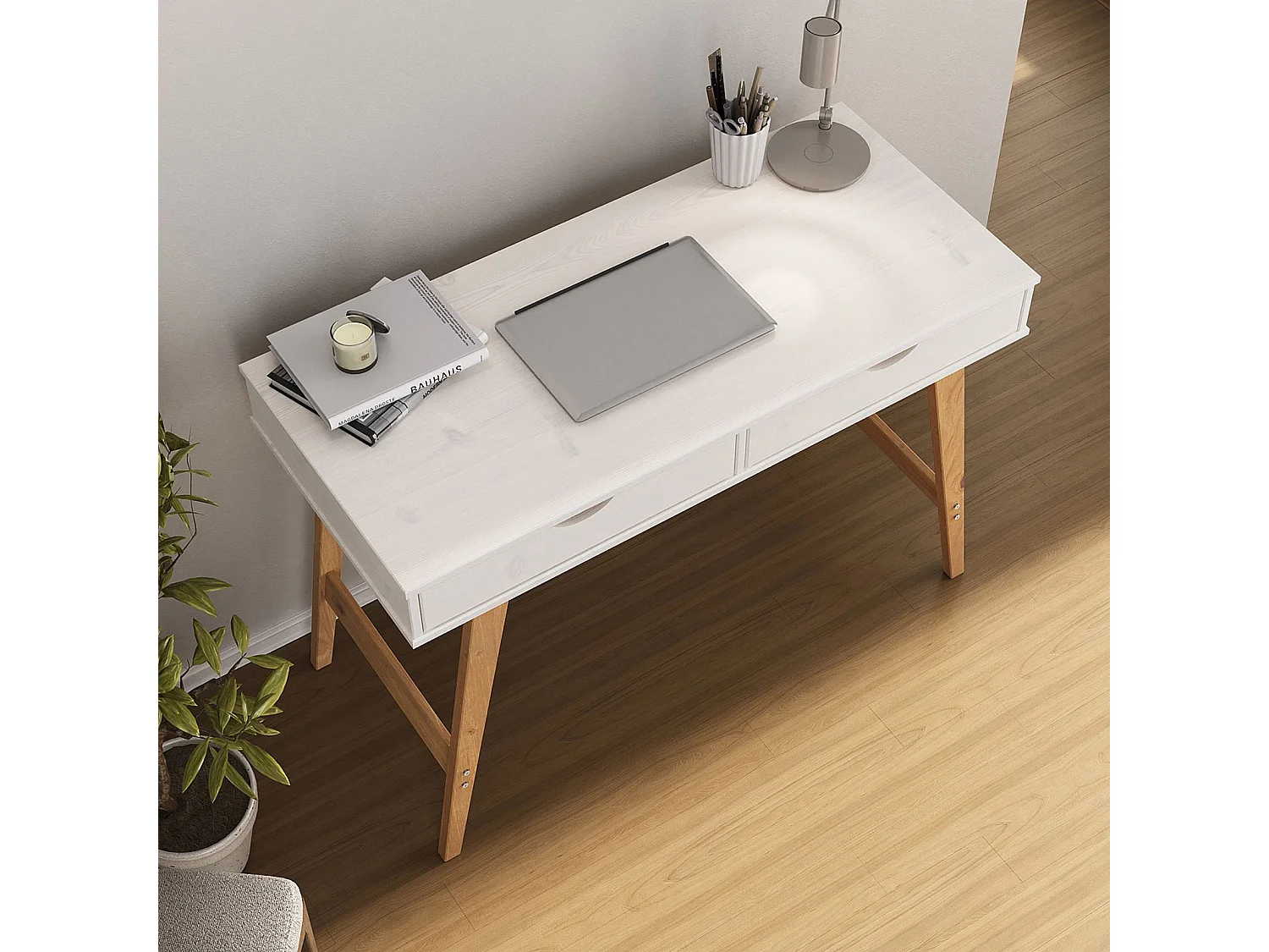 Bureau MILO en pin massif lasuré blanc avec 2 tiroirs de rangement