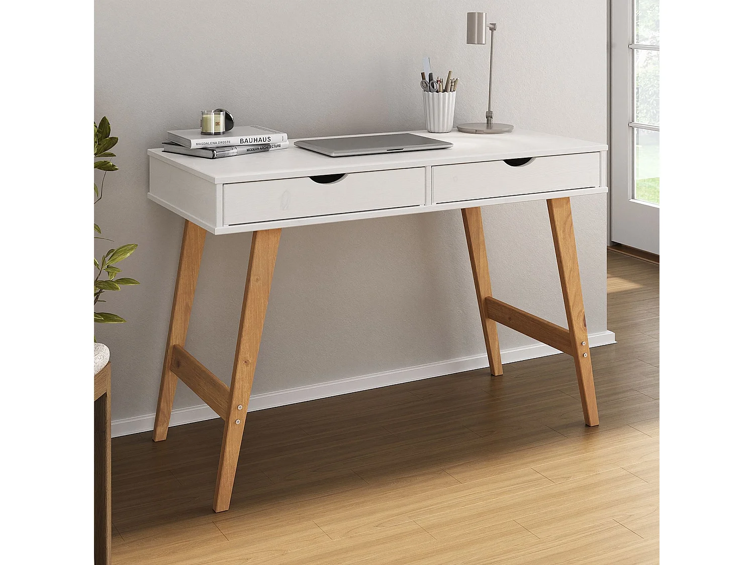 Bureau MILO en pin massif lasuré blanc avec 2 tiroirs de rangement