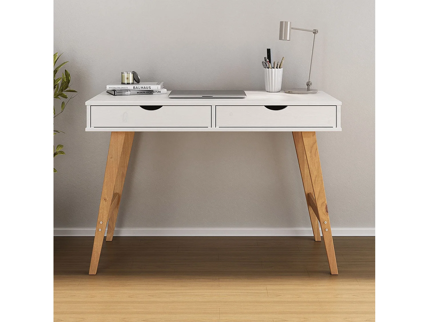 Bureau MILO en pin massif lasuré blanc avec 2 tiroirs de rangement