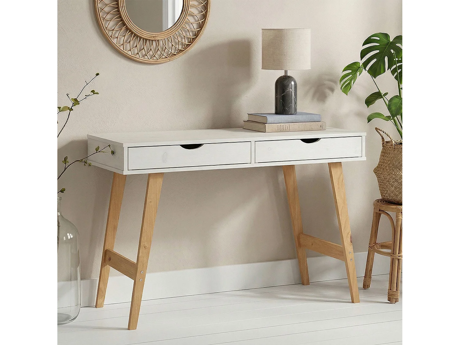 Bureau MILO en pin massif lasuré blanc avec 2 tiroirs de rangement