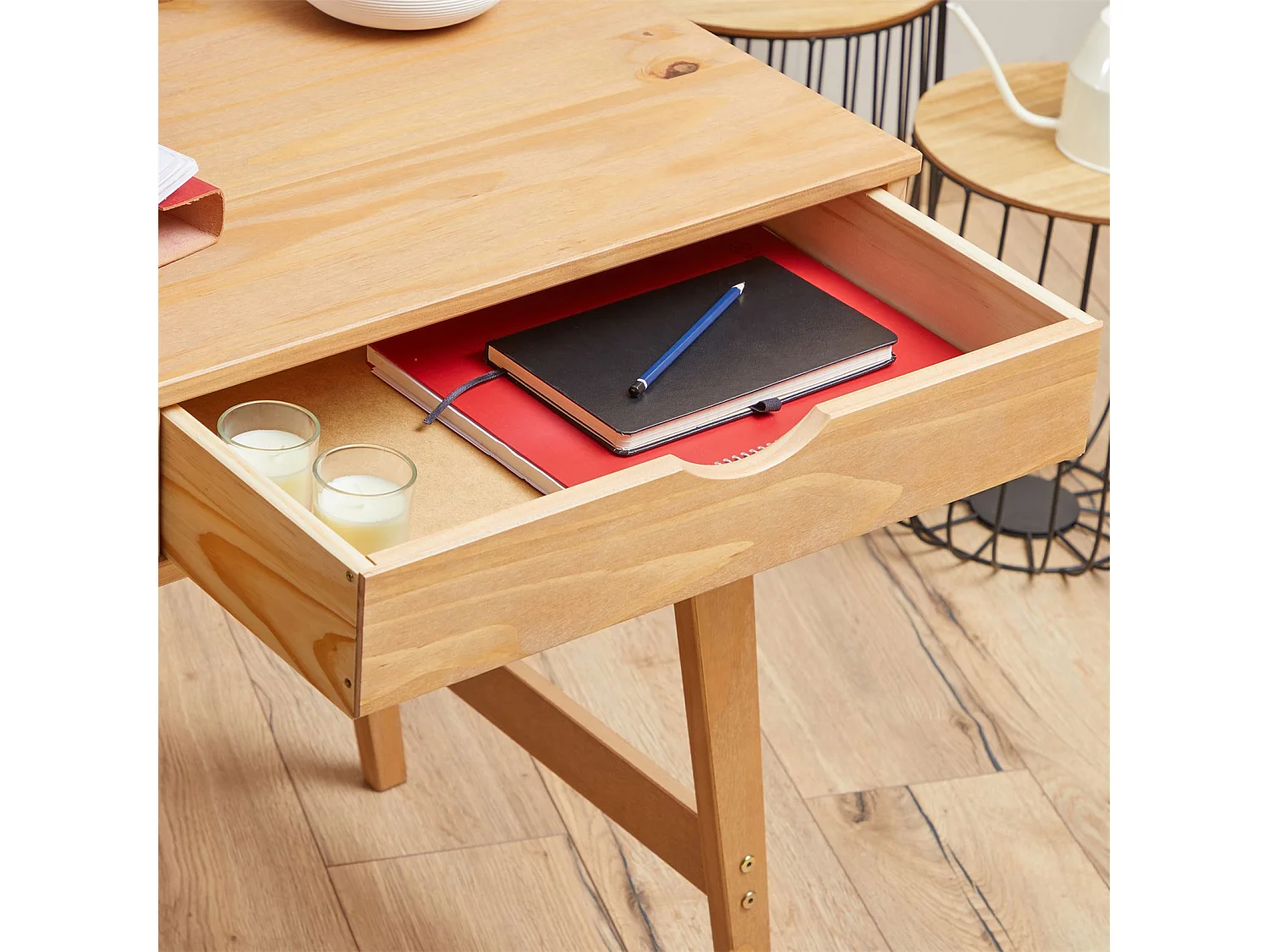 Bureau MILO en pin massif lasuré brun avec 2 tiroirs de rangement