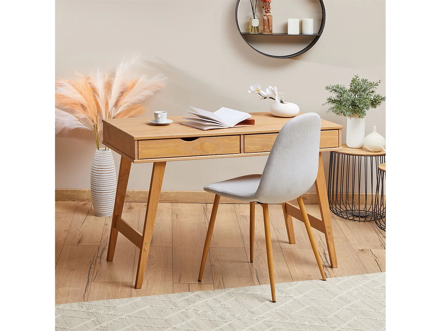 Bureau MILO en pin massif lasuré brun avec 2 tiroirs de rangement