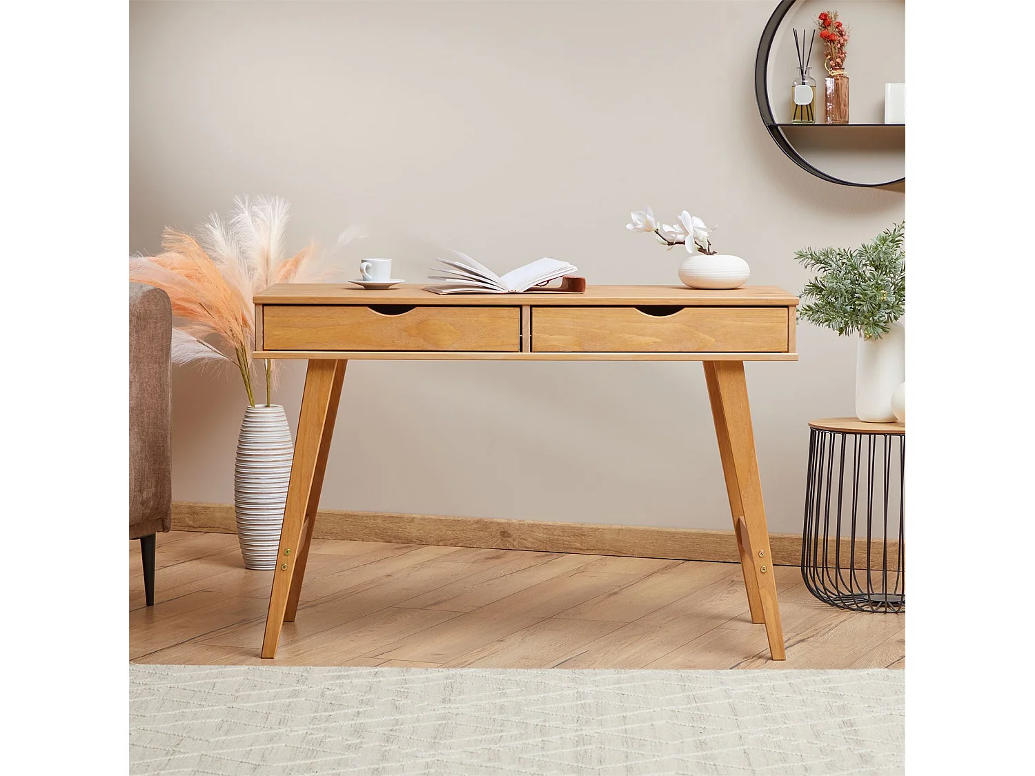 Bureau MILO en pin massif lasuré brun avec 2 tiroirs de rangement