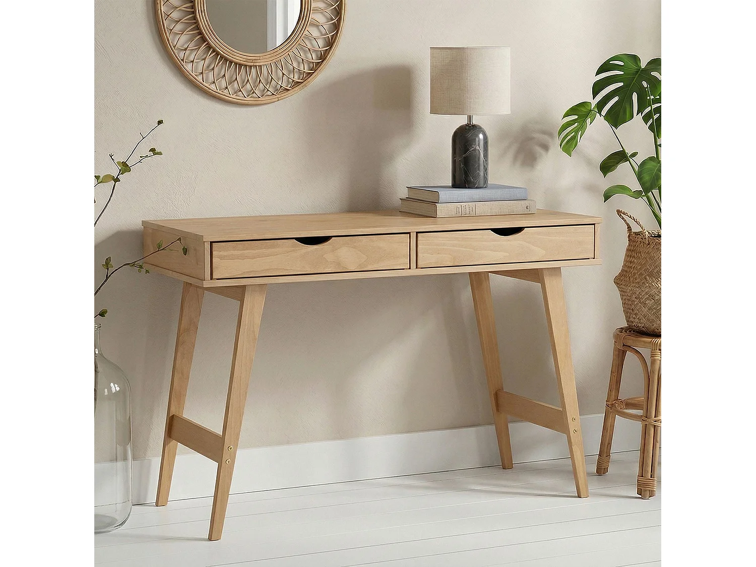 Bureau MILO en pin massif lasuré brun avec 2 tiroirs de rangement