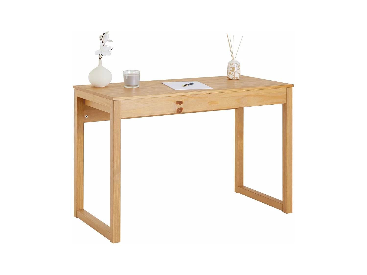 Bureau en bois avec 2 tiroirs NOAH, design scandinave, en pin massif coloris naturel