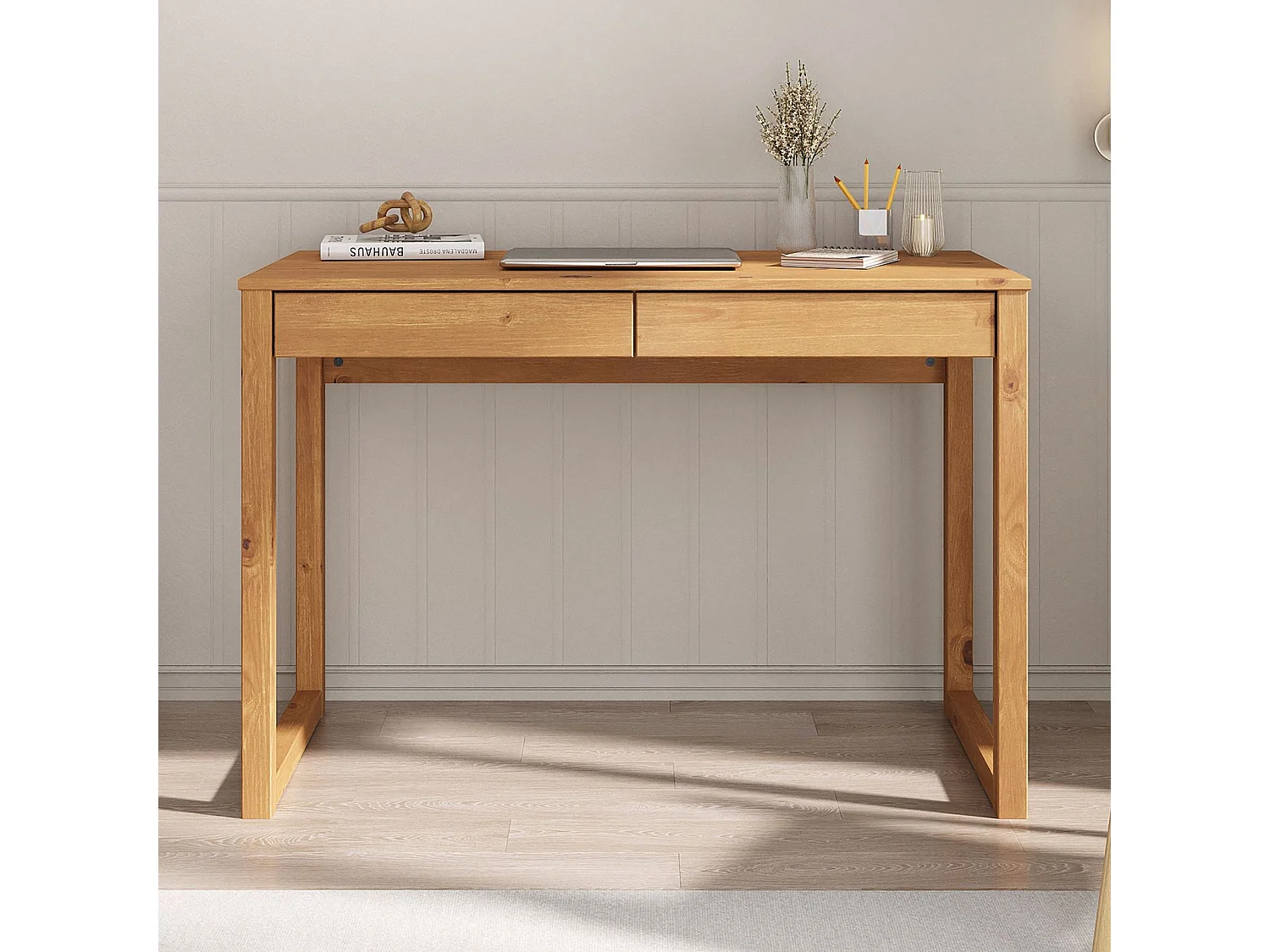 Bureau en bois avec 2 tiroirs NOAH, design scandinave, en pin massif coloris naturel