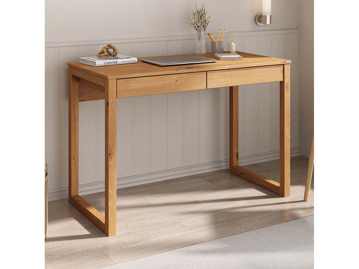 Bureau en bois avec 2 tiroirs NOAH, design scandinave, en pin massif coloris naturel