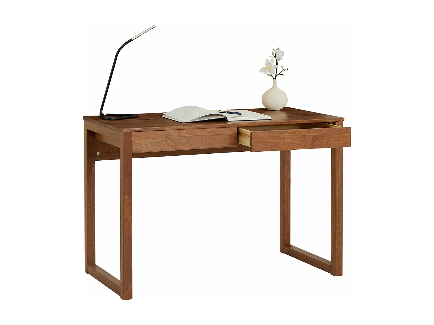 Bureau en bois avec 2 tiroirs NOAH, design scandinave, en pin massif coloris châtaignier