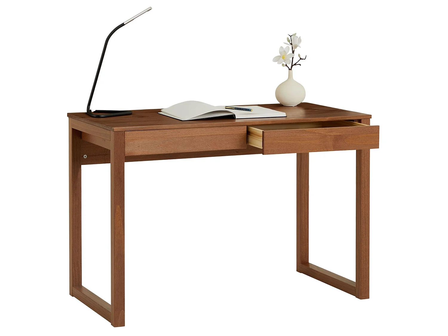 Bureau en bois avec 2 tiroirs NOAH, design scandinave, en pin massif coloris châtaignier