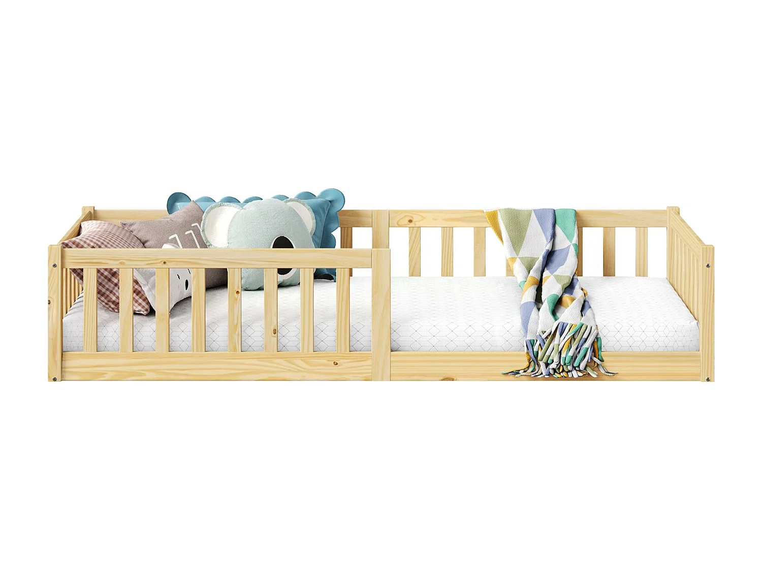 Lit enfant GUSTAVO lit au sol 90x200 cm d'inspiration Montessori, avec barrières de protection, en pin massif finition naturelle