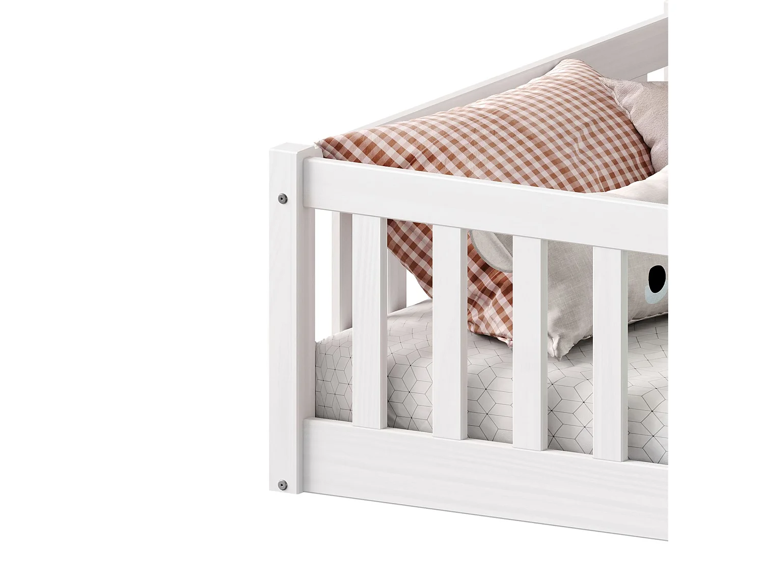 Lit enfant GUSTAVO lit au sol 90x200 cm d'inspiration Montessori, avec barrières de protection, en pin massif lasuré blanc