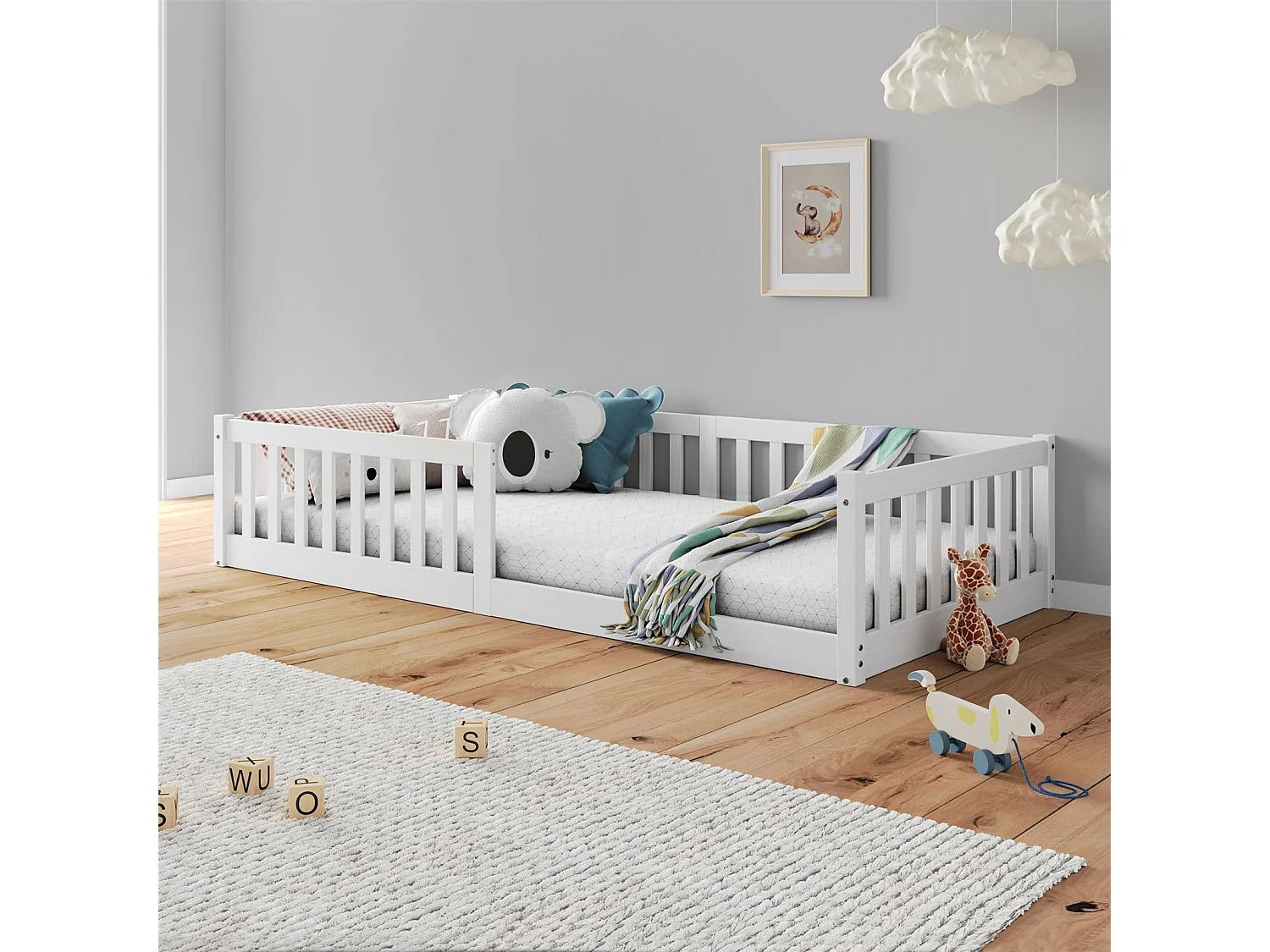 Lit enfant GUSTAVO lit au sol 90x200 cm d'inspiration Montessori, avec barrières de protection, en pin massif lasuré blanc