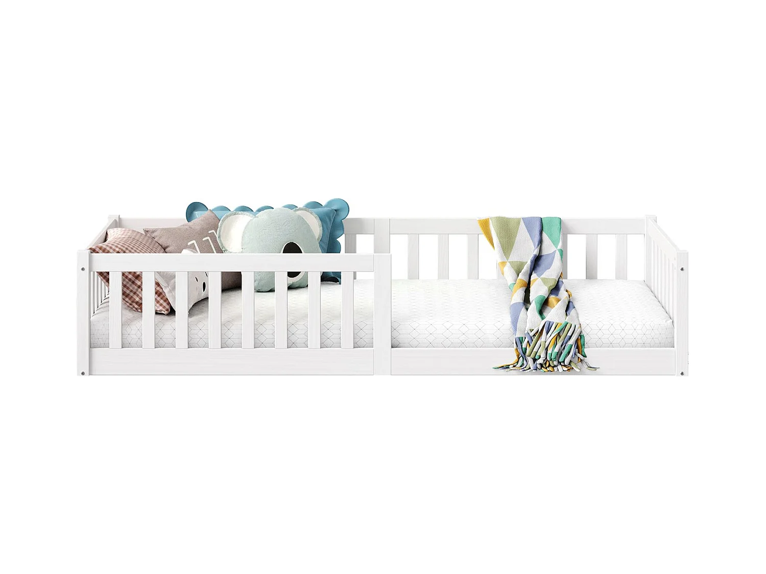 Lit enfant GUSTAVO lit au sol 90x190 cm d'inspiration Montessori, avec barrières de protection, en pin massif lasuré blanc