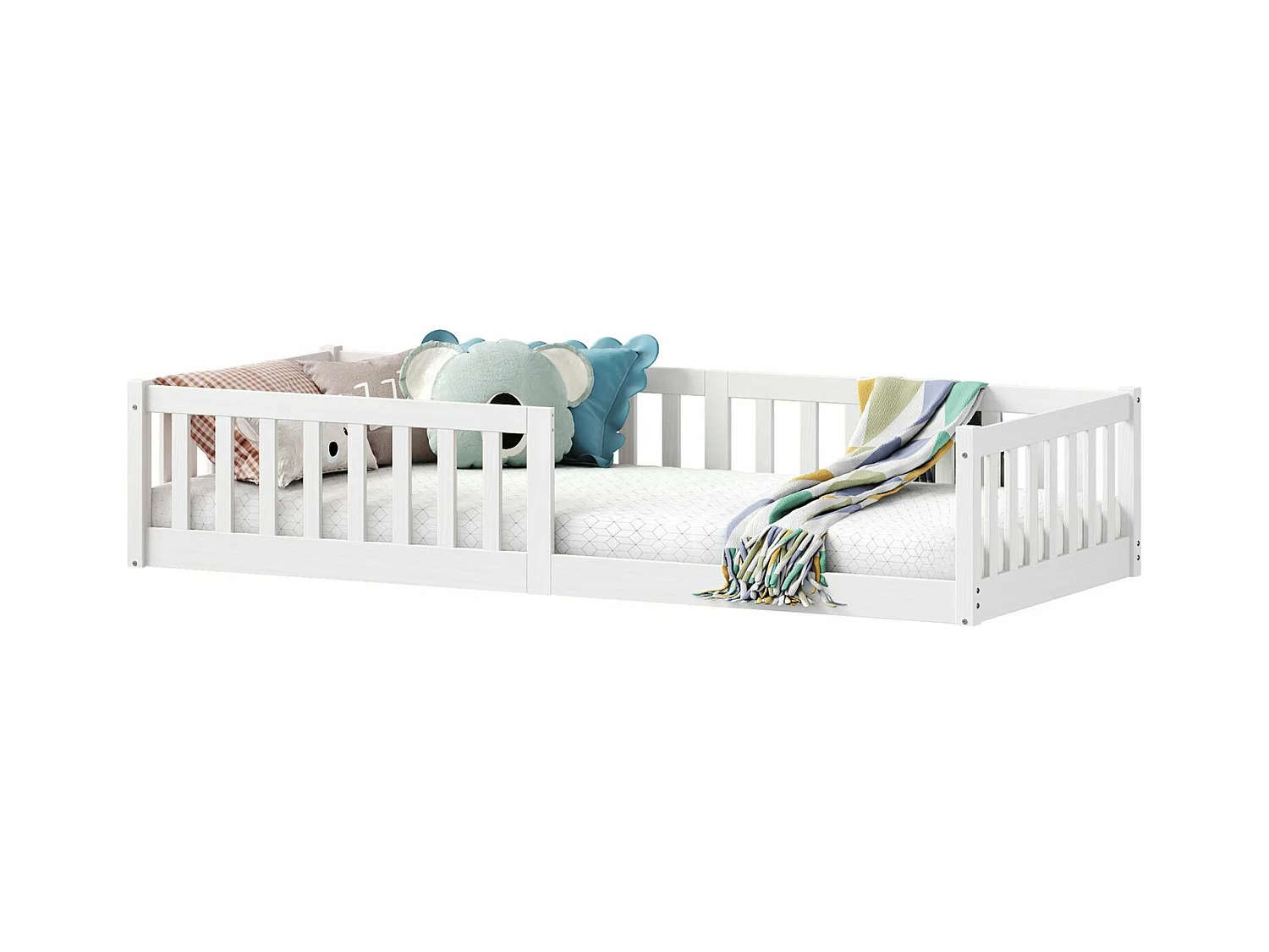 Lit enfant GUSTAVO lit au sol 90x190 cm d'inspiration Montessori, avec barrières de protection, en pin massif lasuré blanc