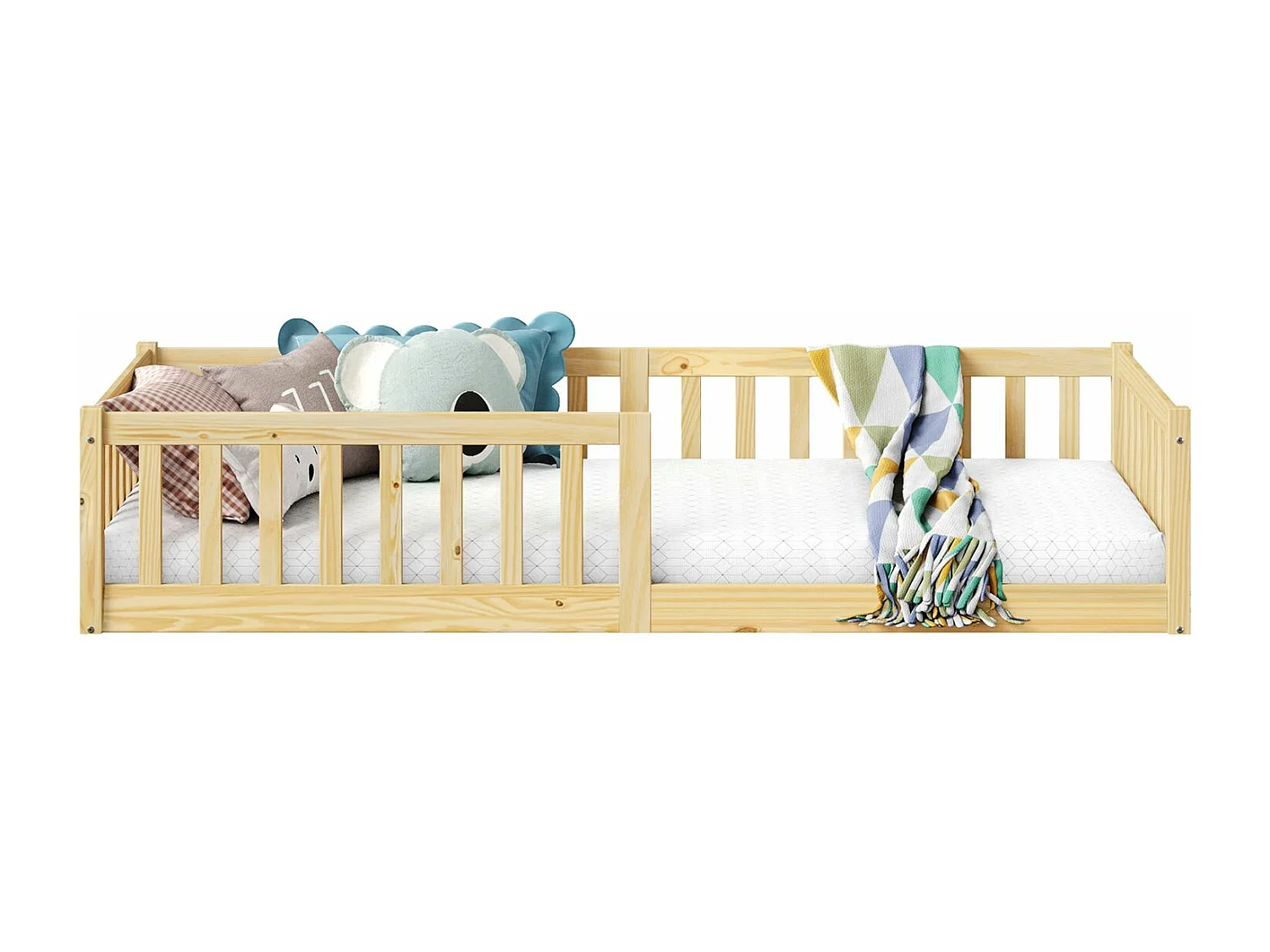 Lit enfant GUSTAVO lit au sol 90x190 cm d'inspiration Montessori, avec barrières de protection, en pin massif naturel