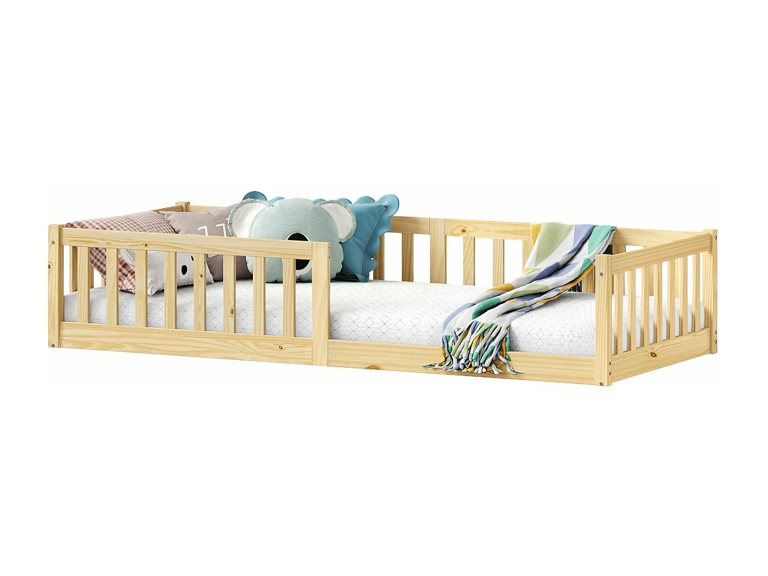 Lit Au Sol Enfant 90x190cm Avec Barrière - Style Étoiles Et Lunes, Bois De Pin, Lit Montessori Blanc