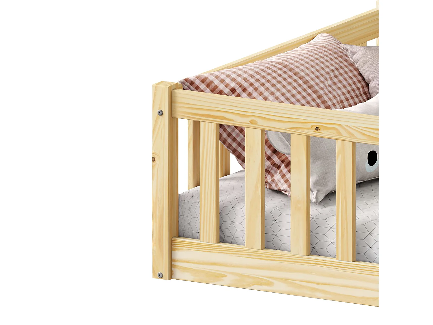 Lit enfant GUSTAVO lit au sol 90x190 cm d'inspiration Montessori, avec barrières de protection, en pin massif naturel