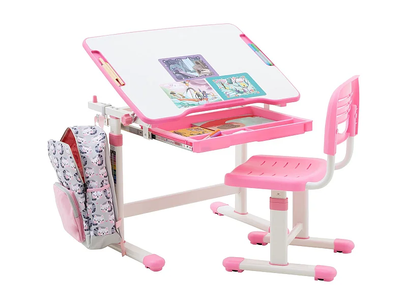 Ensemble bureau et chaise pour enfant TUTTO table et chaise réglable en hauteur, pupitre inclinable, métal blanc et plastique rose