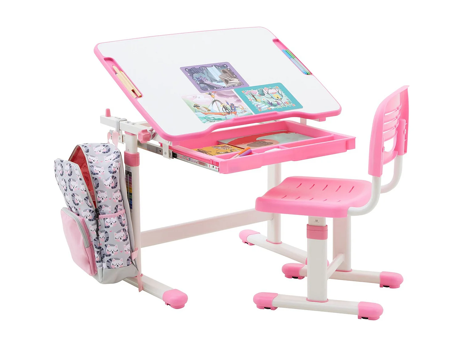Ensemble bureau et chaise pour enfant TUTTO table et chaise réglable en hauteur, pupitre inclinable, métal blanc et plastique rose