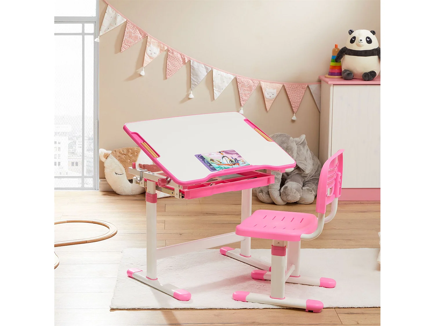 Ensemble bureau et chaise pour enfant TUTTO table et chaise réglable en hauteur, pupitre inclinable, métal blanc et plastique rose