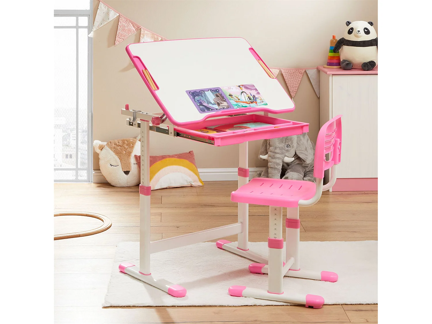Ensemble bureau et chaise pour enfant TUTTO table et chaise réglable en hauteur, pupitre inclinable, métal blanc et plastique rose