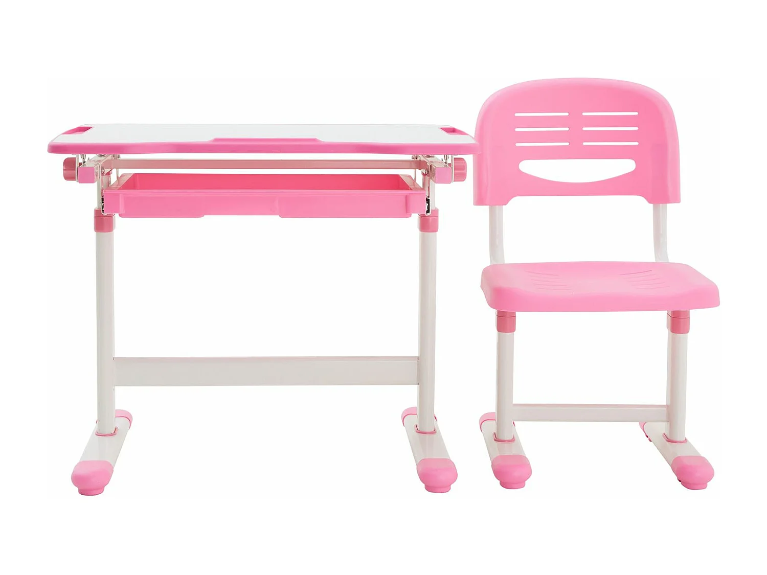 Ensemble bureau et chaise pour enfant TUTTO table et chaise réglable en hauteur, pupitre inclinable, métal blanc et plastique rose