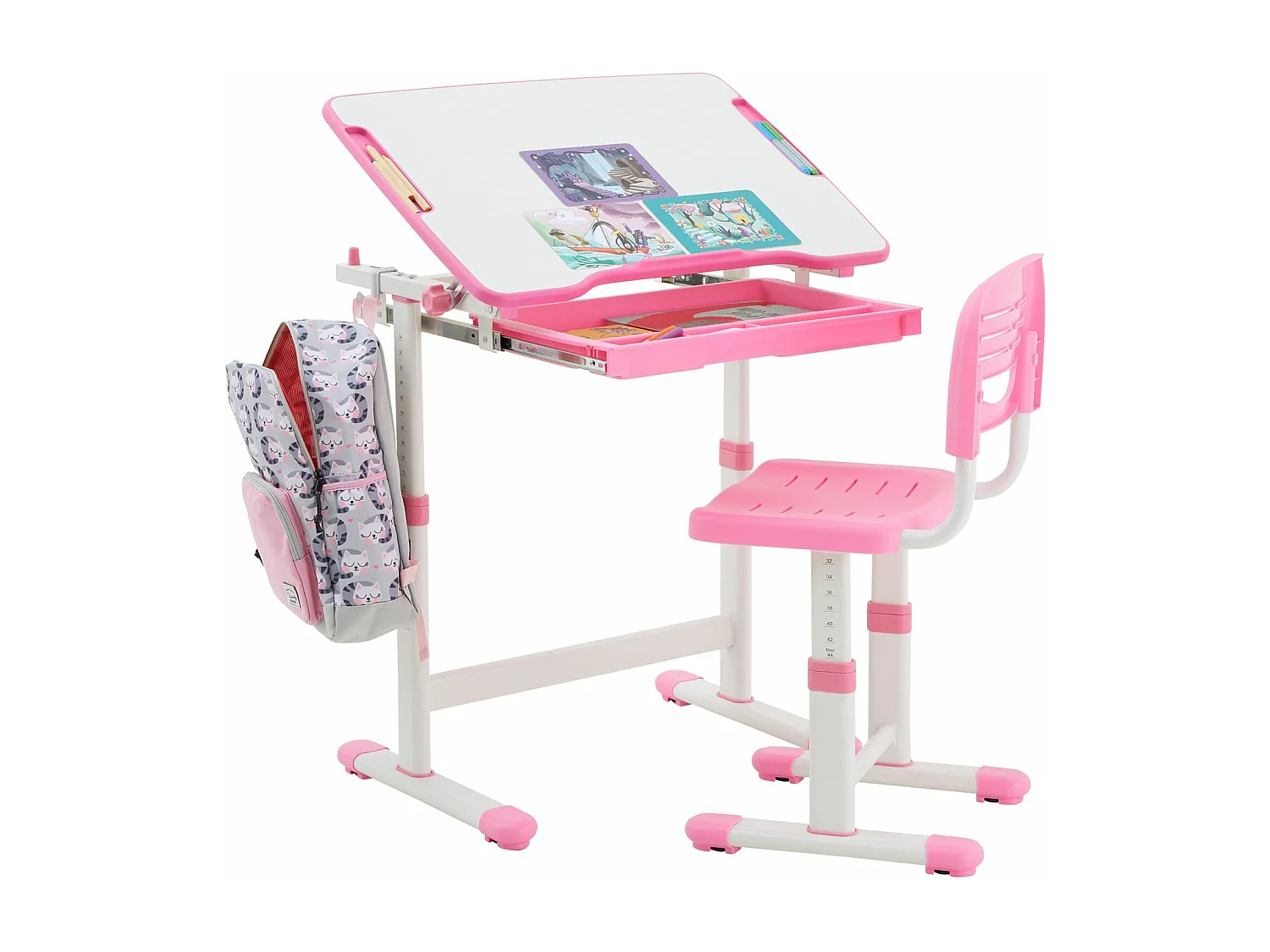 Ensemble bureau et chaise pour enfant TUTTO table et chaise réglable en hauteur, pupitre inclinable, métal blanc et plastique rose