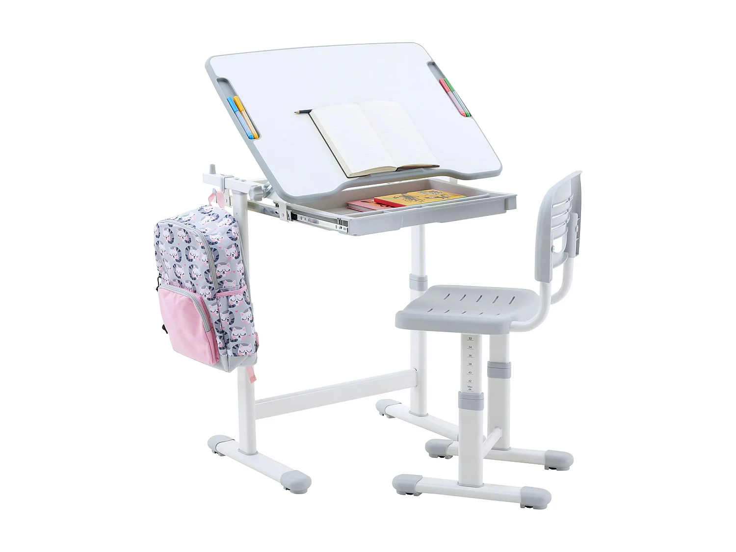 Ensemble bureau et chaise pour enfant TUTTO table et chaise réglable en hauteur, pupitre inclinable, métal blanc et plastique gris