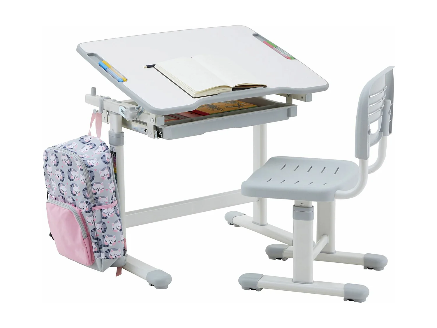Ensemble bureau et chaise pour enfant TUTTO table et chaise réglable en hauteur, pupitre inclinable, métal blanc et plastique gris