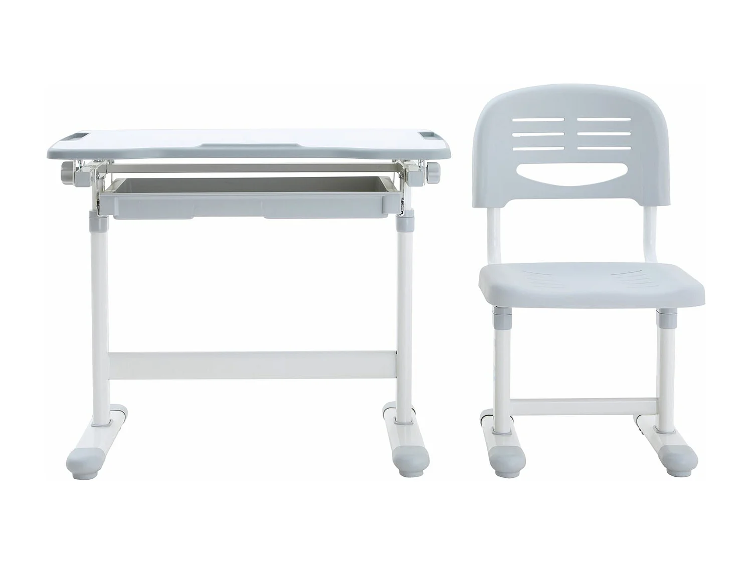 Ensemble bureau et chaise pour enfant TUTTO table et chaise réglable en hauteur, pupitre inclinable, métal blanc et plastique gris