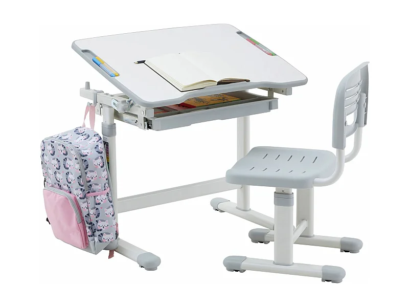 Ensemble bureau et chaise pour enfant TUTTO table et chaise réglable en hauteur, pupitre inclinable, métal blanc et plastique gris