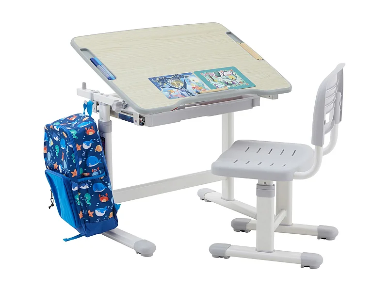 Ensemble bureau et chaise pour enfant TUTTO réglable en hauteur, pupitre inclinable chêne sonoma, métal blanc et plastique gris