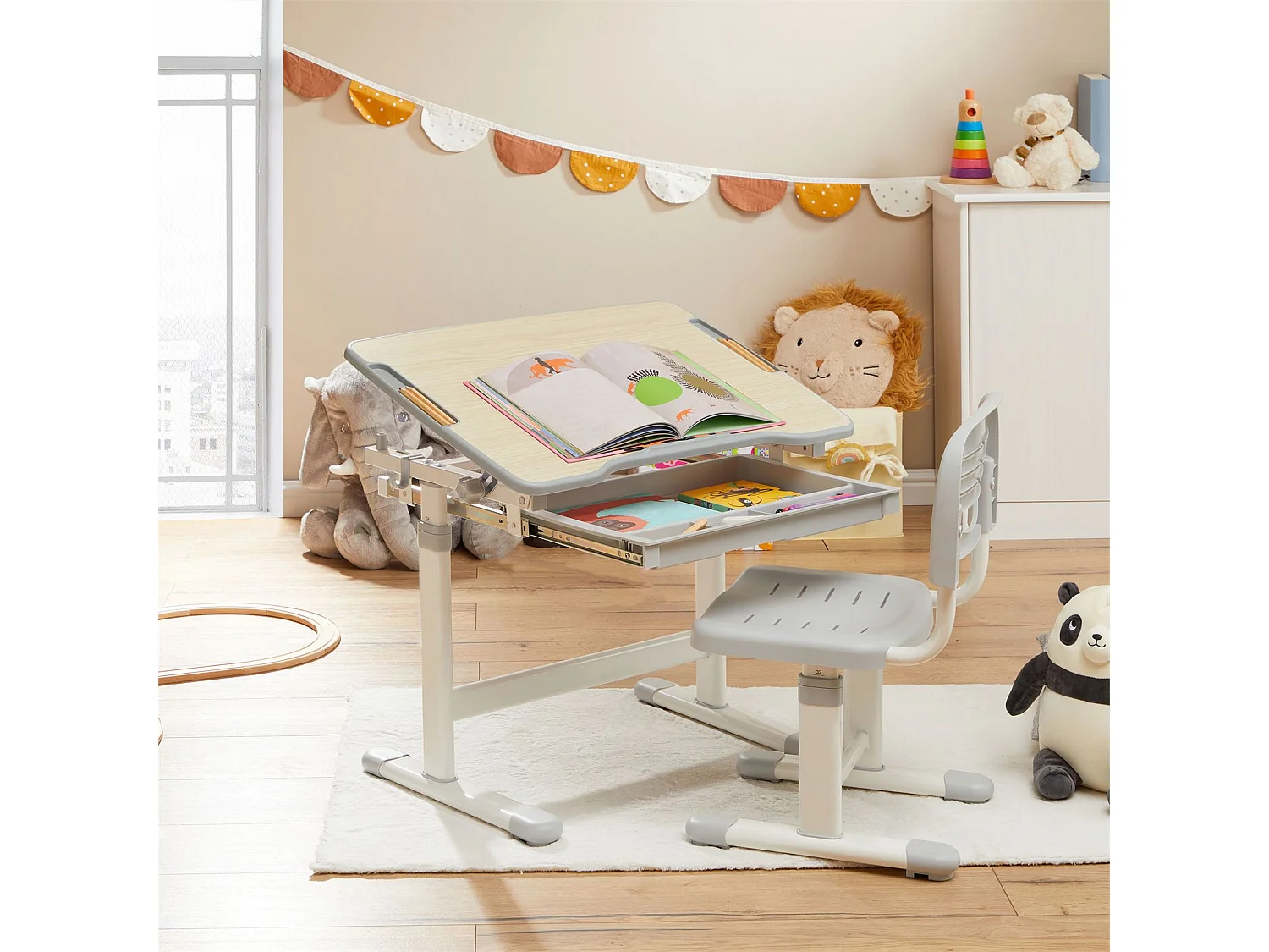 Ensemble bureau et chaise pour enfant TUTTO réglable en hauteur, pupitre inclinable chêne sonoma, métal blanc et plastique gris