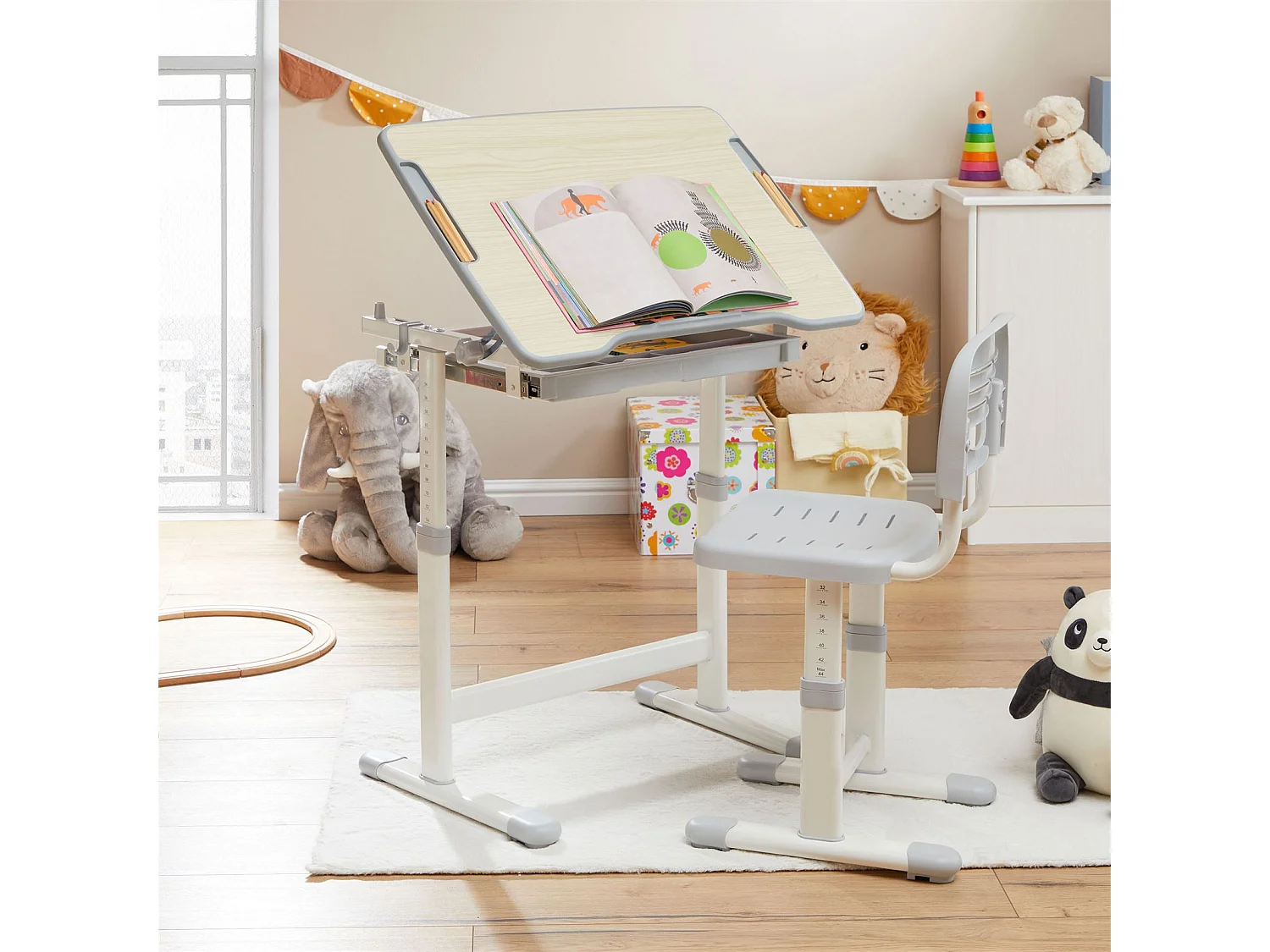 Ensemble bureau et chaise pour enfant TUTTO réglable en hauteur, pupitre inclinable chêne sonoma, métal blanc et plastique gris