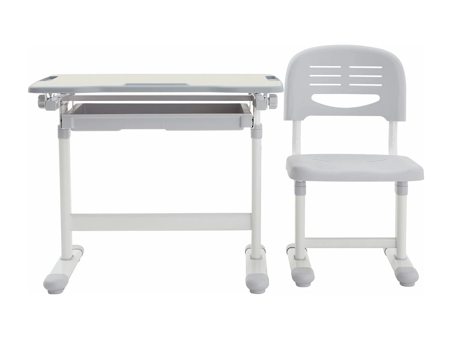 Ensemble bureau et chaise pour enfant TUTTO réglable en hauteur, pupitre inclinable chêne sonoma, métal blanc et plastique gris