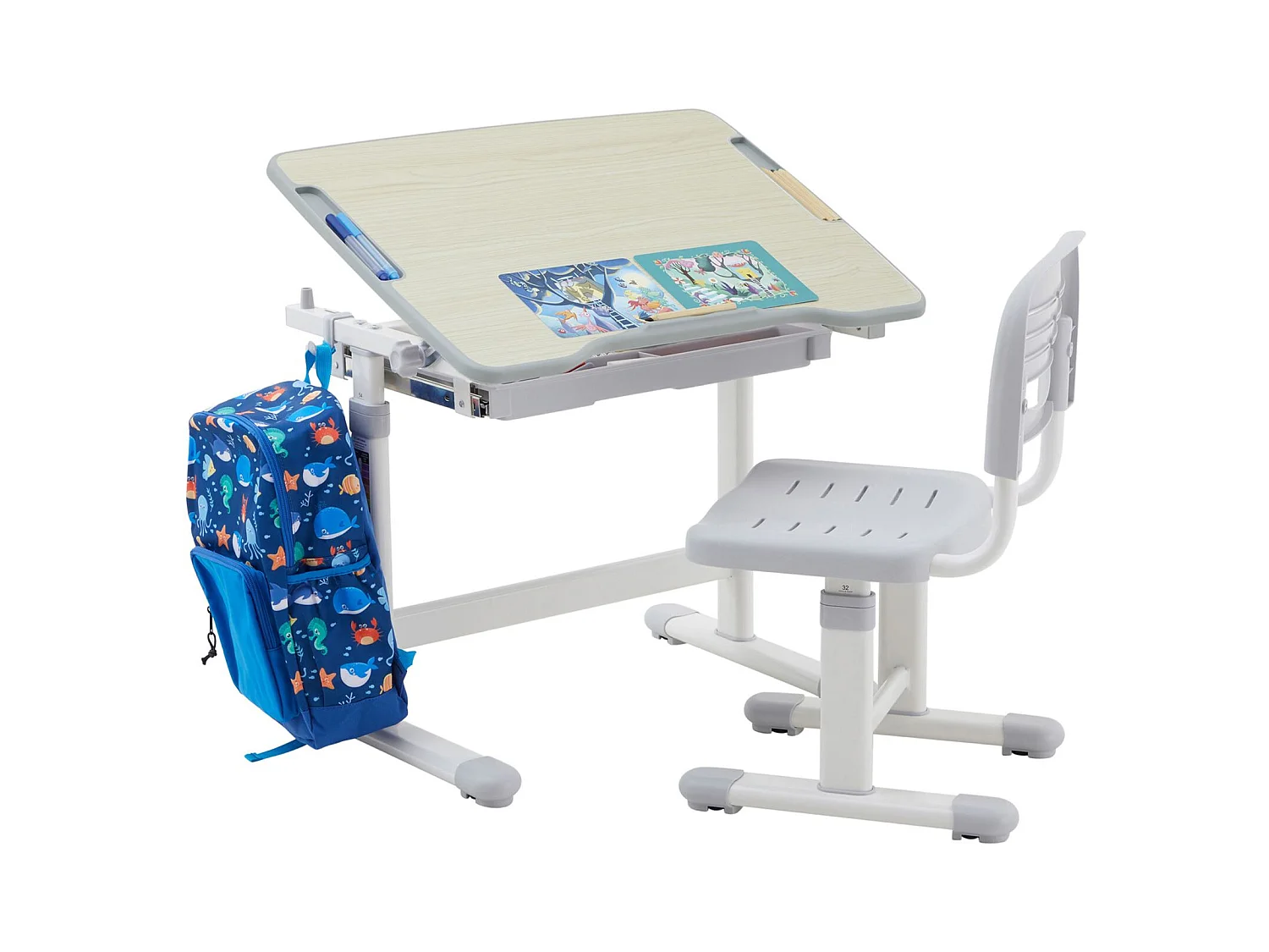 Ensemble bureau et chaise pour enfant TUTTO réglable en hauteur, pupitre inclinable chêne sonoma, métal blanc et plastique gris