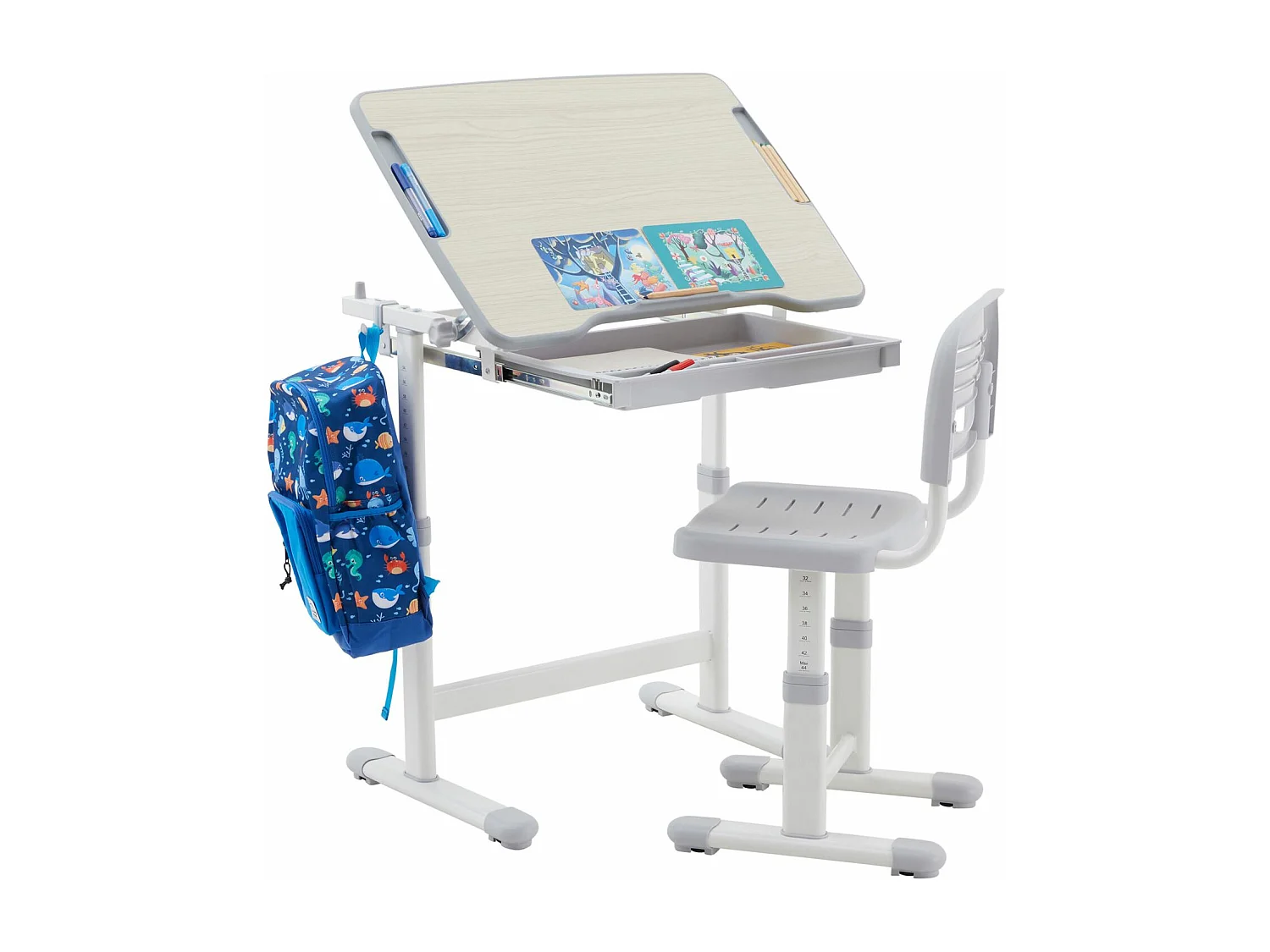 Ensemble bureau et chaise pour enfant TUTTO réglable en hauteur, pupitre inclinable chêne sonoma, métal blanc et plastique gris
