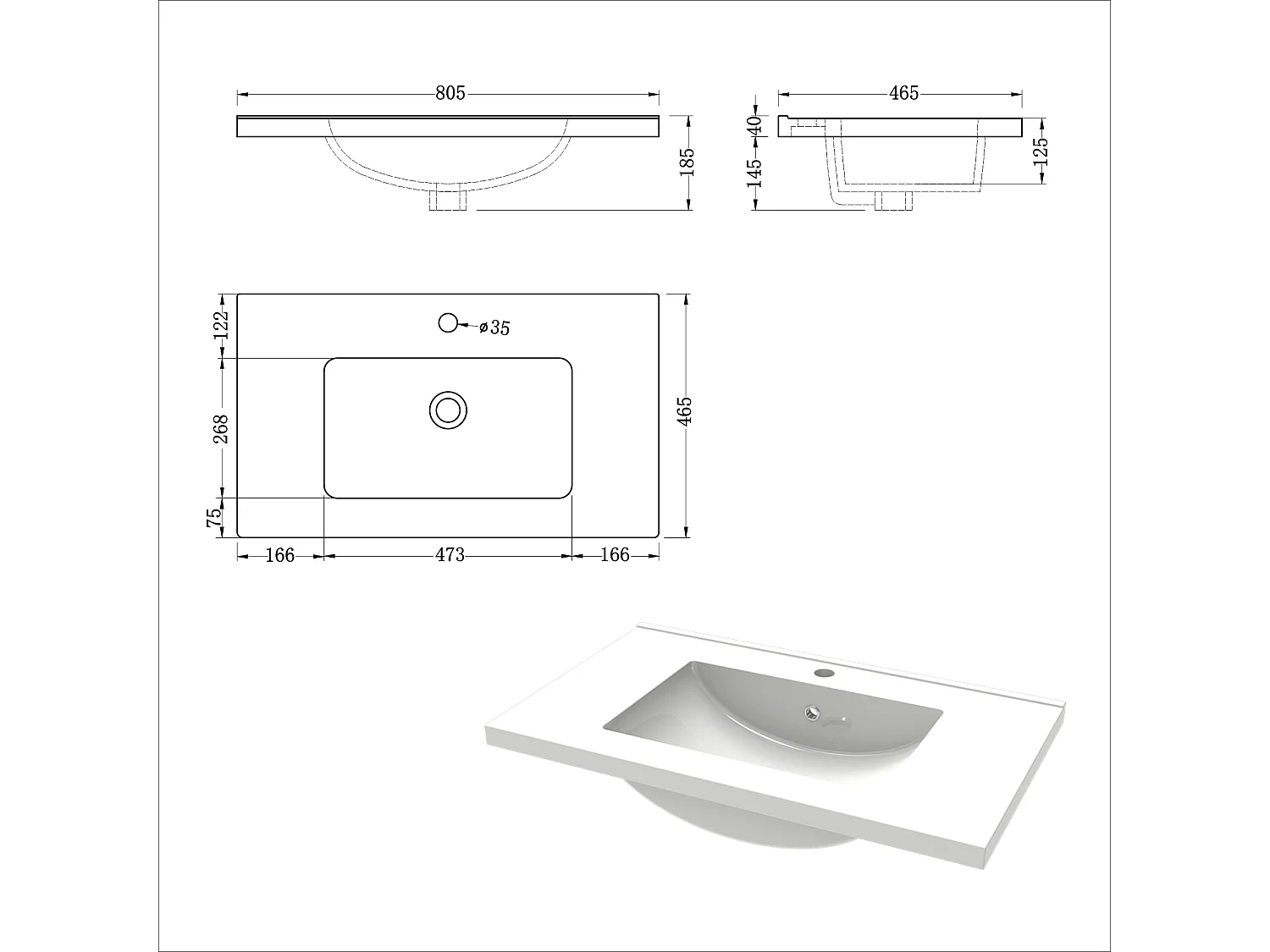 AICA Meuble de salle de bain avec vasque en céramique, 80cm,2 tiroirs,blanc - Meuble suspendu